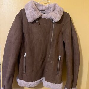 Boohoo Brown Bomber Jacket with Cream Accents Faux Suede